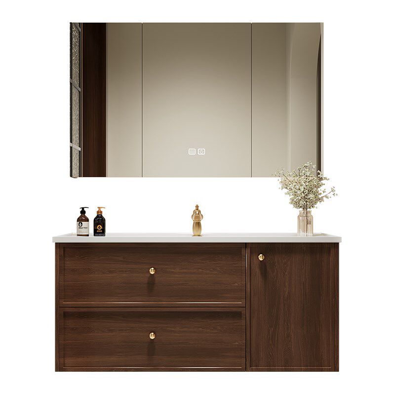 胡桃色橡木浴室柜洗漱台洗手盆台盆柜陶瓷一体盆中古风