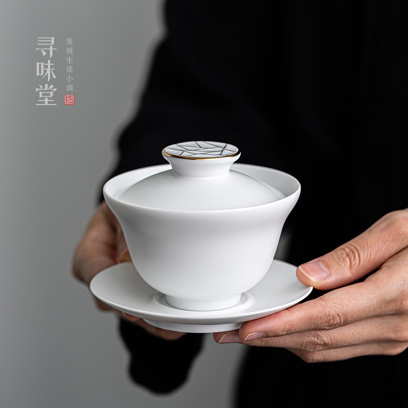 哑光白描金窗花盖碗简约中式三才茶碗家用白瓷陶瓷泡茶功夫茶具