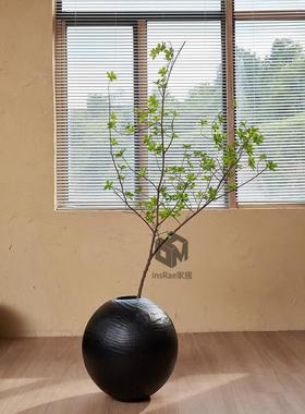 侘寂风木墩球形摆件炭化黑色民宿酒店创意插花饰品圆球形实木花器