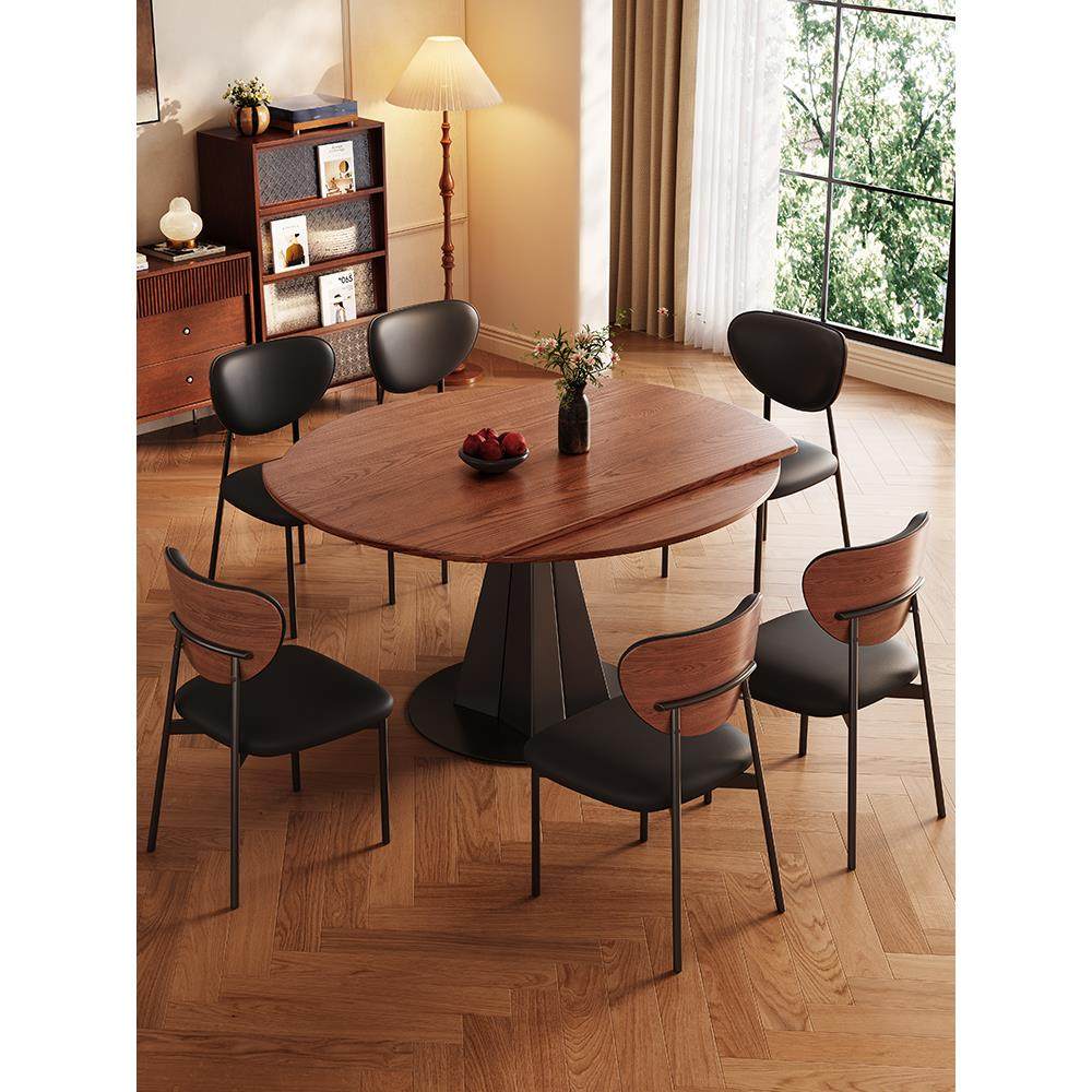 法式中古风实木餐桌椅组合家用小户型可伸缩旋转折叠多功能吃饭桌