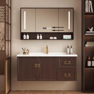 中古风橡木浴室柜组合陶瓷一体盆化妆室智能洗手台洗脸盆柜包安装