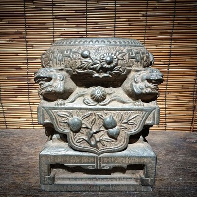青石彷古纯手工雕刻狮子柱墩盆托花盆底座摆件石雕收藏怀旧居家
