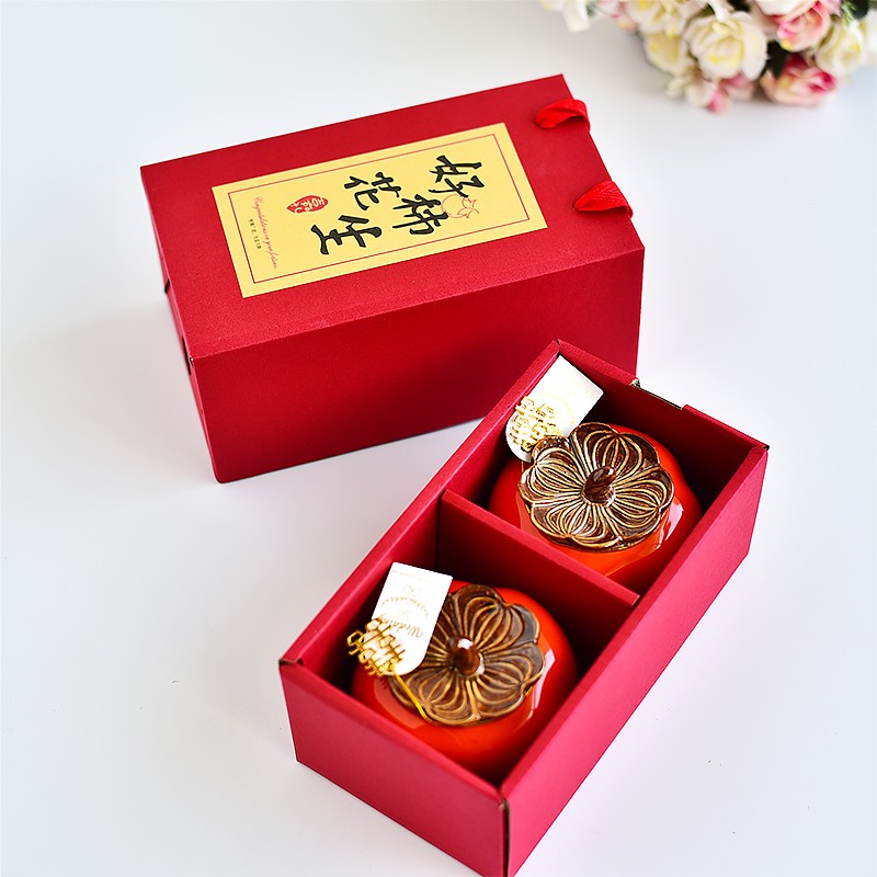 复古风中式陶瓷柿子婚庆订婚喜糖罐结婚礼品糖盒生日伴手礼礼盒装