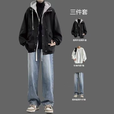 假两件毛呢夹克男士连帽外套秋冬套装男装高级感穿搭牛仔裤三件套