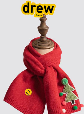 Drew  Sava笑脸红色圣诞树针织围巾冬季情侣圣诞毛线围脖韩版潮牌