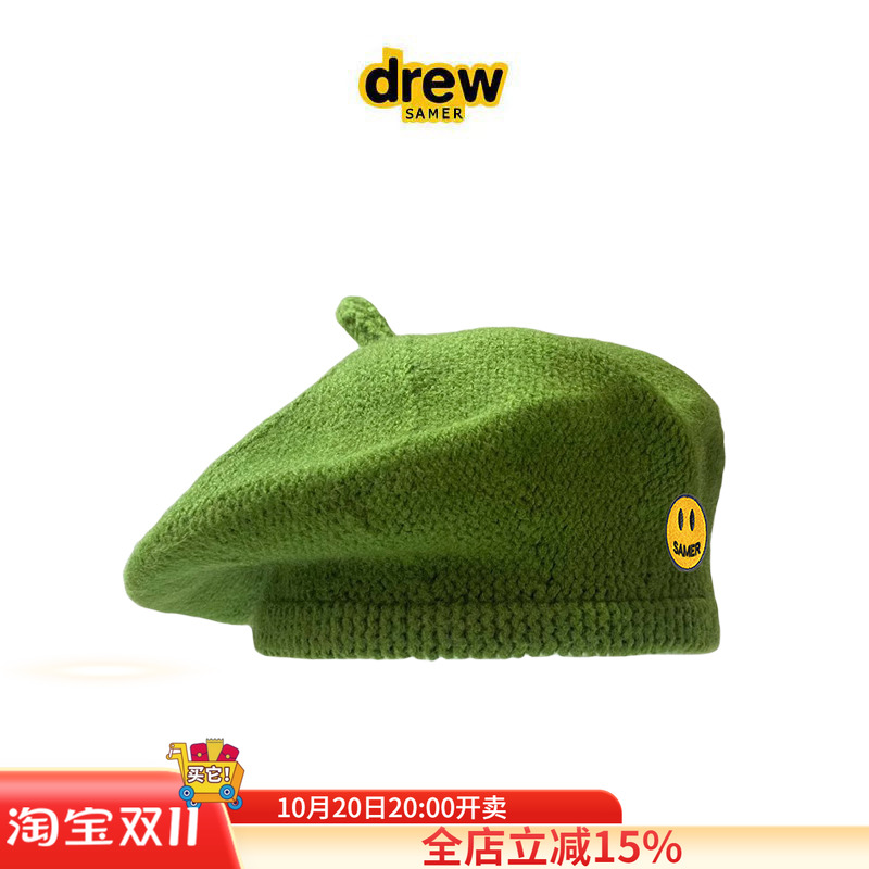 正品Drew Sava笑脸复古显脸小秋冬纯色针织贝雷帽子女百搭画家帽