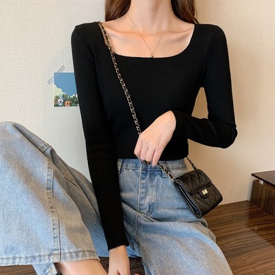 秋冬新款方领百搭修身紧身长袖内搭针织衫上衣洋气低领打底毛衣女