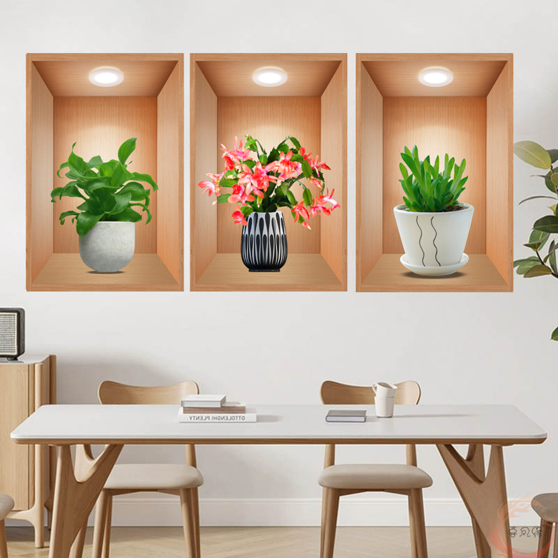 3D盆栽三联画墙画客厅装饰画植物花卉楼梯装饰画宾馆餐厅自粘画图片
