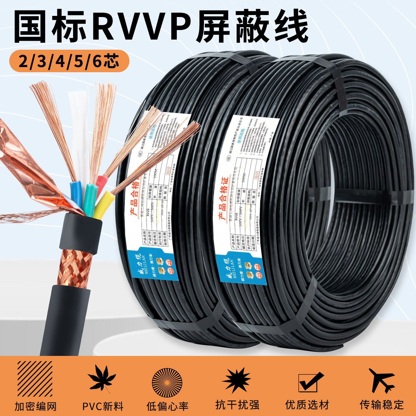 正品国标RVVP屏蔽线2 3 4芯0.3 0.5 0.75 1.5平方控制电缆信号线