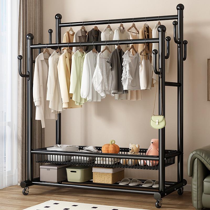 挂衣架落地卧室家用房间室内双杆晾晒衣服架子可移动多功能衣帽架