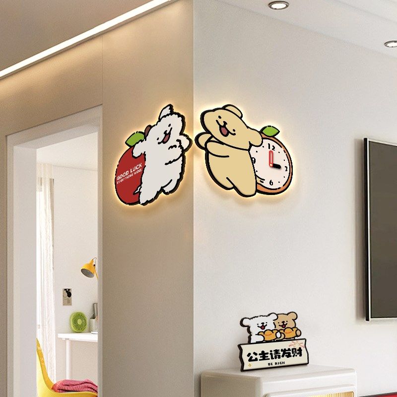 线条小狗双面转角时钟挂钟客厅拐角画多巴胺儿童房墙面装饰画灯画,家居饰品,挂钟,淘宝优惠券,粉丝福利购,淘宝优惠卷