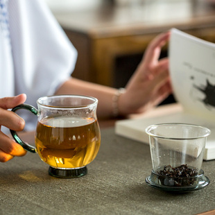 绿茶杯玻璃茶杯带把过滤泡茶杯家用透明杯子办公室Z加厚花茶 日式