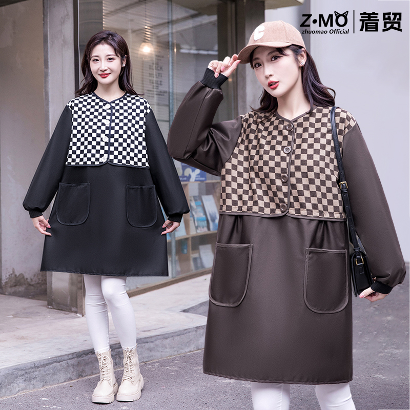 2024新款网红罩衣女士冬季加A绒加厚厨房围裙防水防油工作服大人