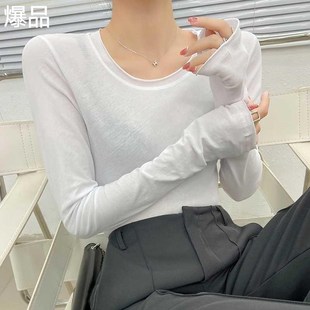 衣24新款 糖果色t恤女圓領長n袖 時尚 小衫 上20x春款 彩色洋氣打底