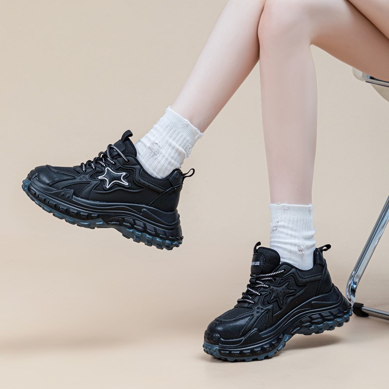 敲舒服~米色榴h莲底老爹鞋女2024年春季新款休闲运动厚底登山鞋子
