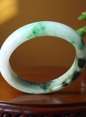 天然缅甸a货翡翠手镯54mm绿色飘花白底青阳绿带证书玉镯子0049