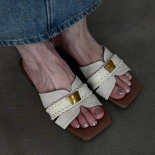 女外穿夏粗跟中跟一字 推荐 羊皮版 法式 小众设计感羊皮方头凉拖鞋