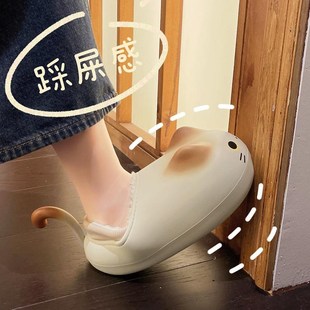可爱喵咪棉拖鞋 防滑厚底保 女士秋冬季 室内家居包跟防L水外穿棉鞋
