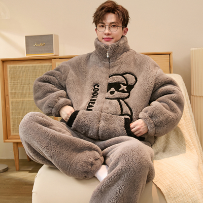 睡衣男款珊瑚绒加绒加厚家居服