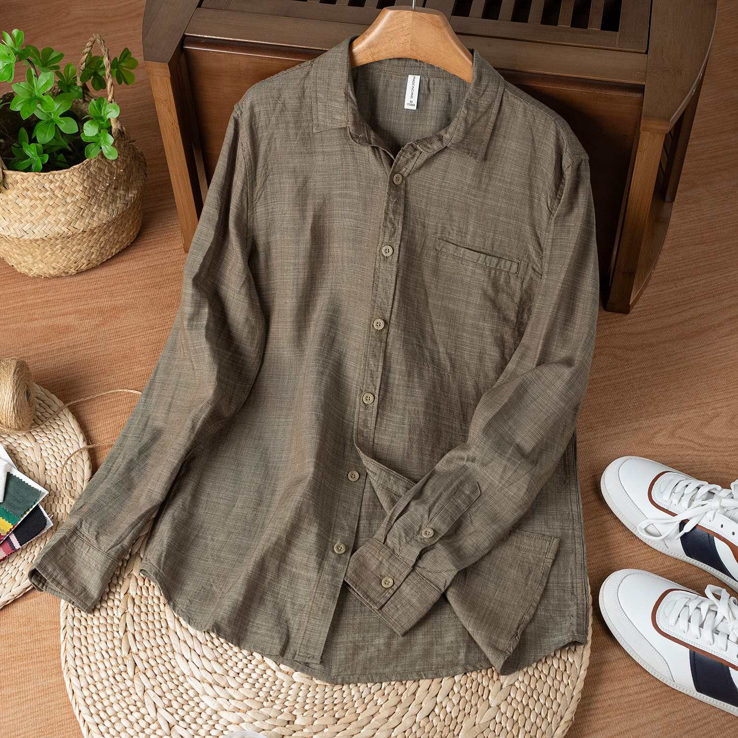 麻尚生活天丝亚麻男士长袖衬衫春秋新款休闲百搭衬衣宽松上衣外套