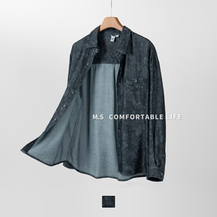 宽松百搭复古休闲印花衬衣薄外套 新款 麻尚生活天丝牛仔衬衫 男秋季