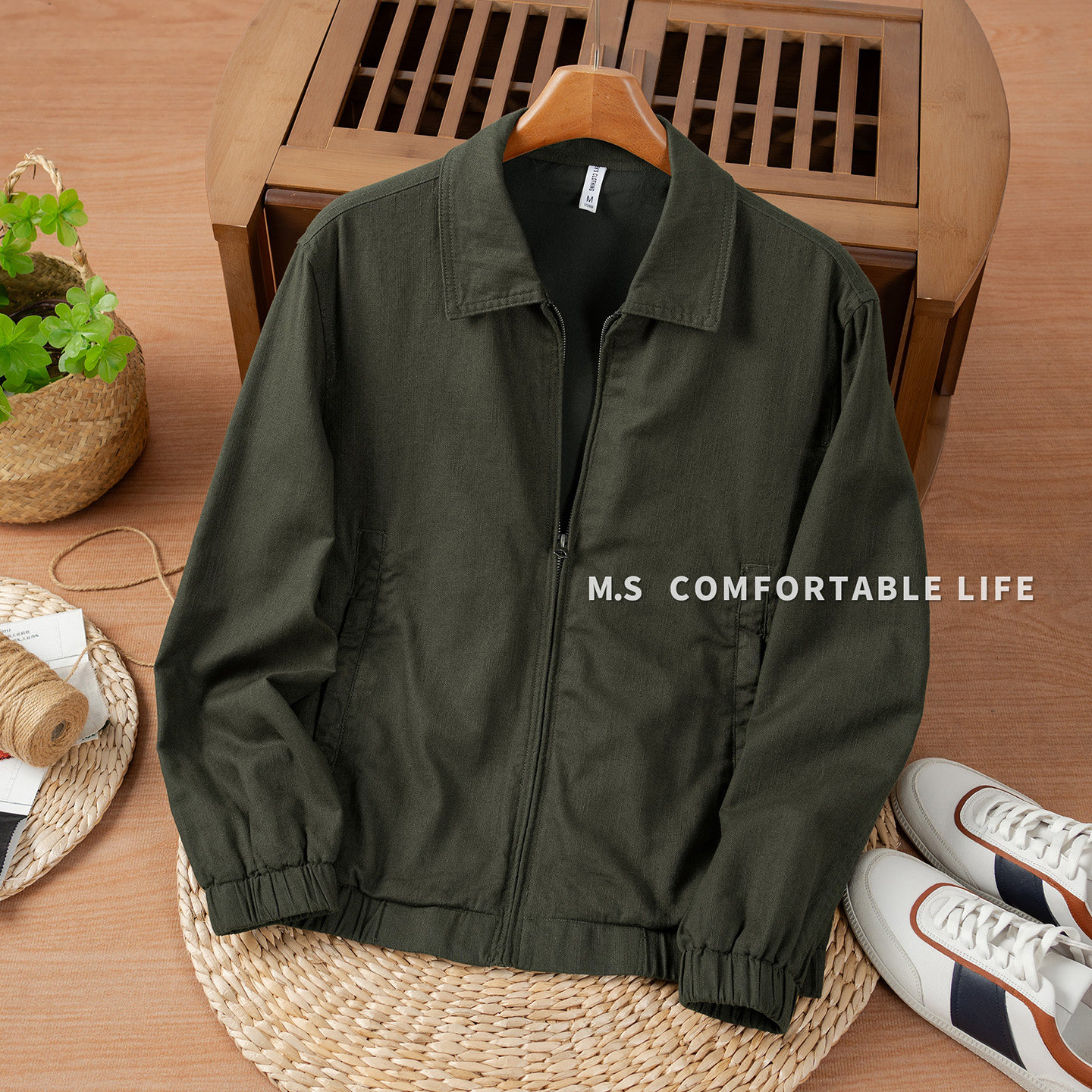 麻尚生活老钱风亚麻翻领夹克男秋季新款宽松百搭休闲棉麻外套上衣