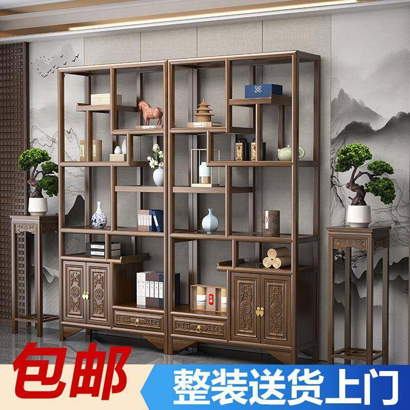 博古架实木中式多宝阁茶柜置物架榆木隔断摆件办公室茶叶柜展示柜