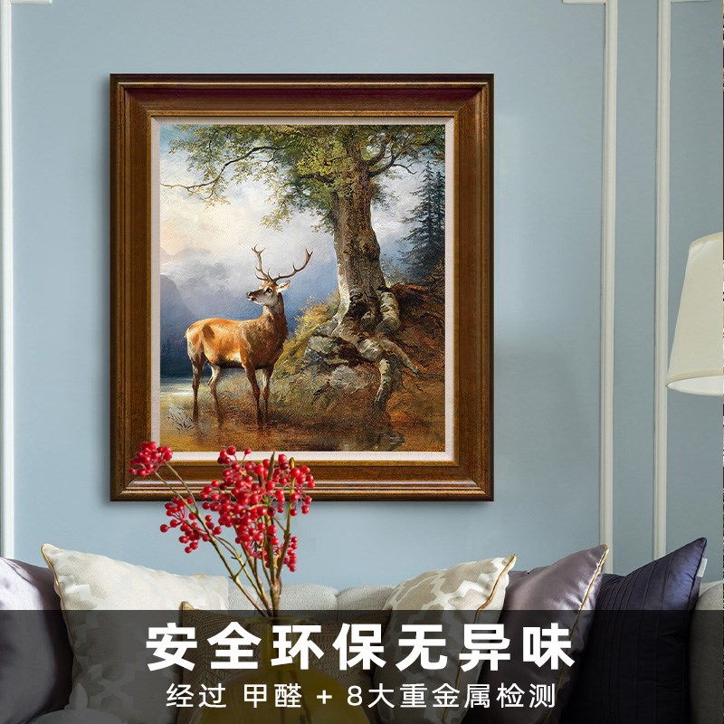 雄鹿 古典动物油画美式客厅玄关竖幅森林风景欧式走廊装饰画版画图片