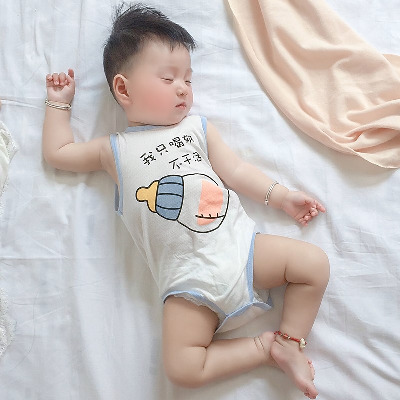 婴儿连衣裤夏季薄无袖网透气新生婴儿衣服爬行衣服睡衣卡通超级可