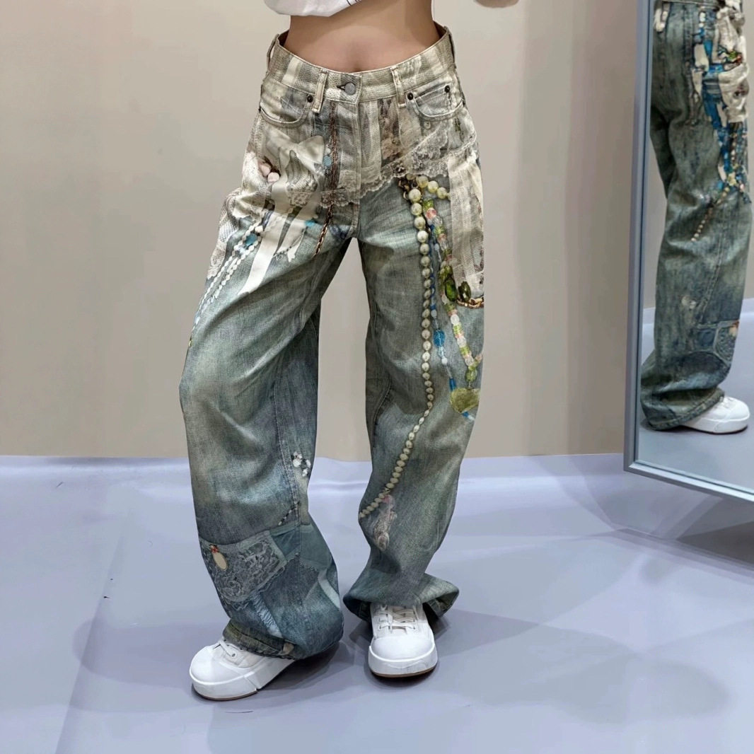 胖mm美式新款时尚潮牌设计3打印蕾丝珍珠链条印花做旧牛仔裤男女
