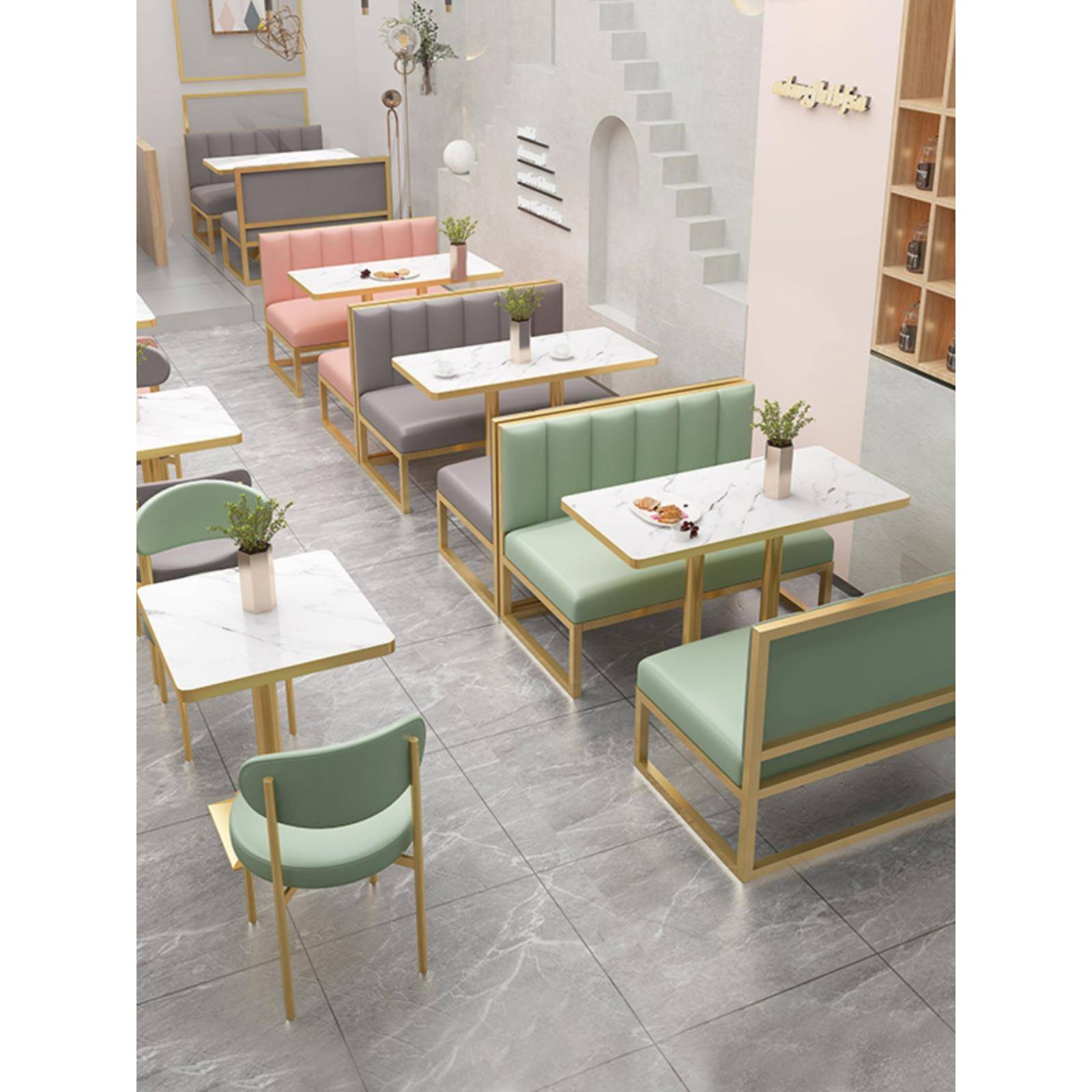 网红奶茶店桌椅组合商用甜品小吃咖啡餐饮店铁艺靠墙茶楼卡座沙发