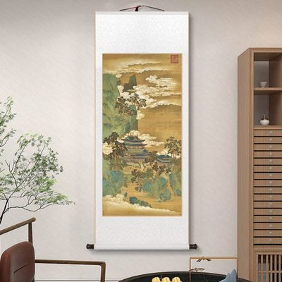 新中式卷轴挂画仙山楼阁图入户玄关装饰画正对门青绿山水仿画国画