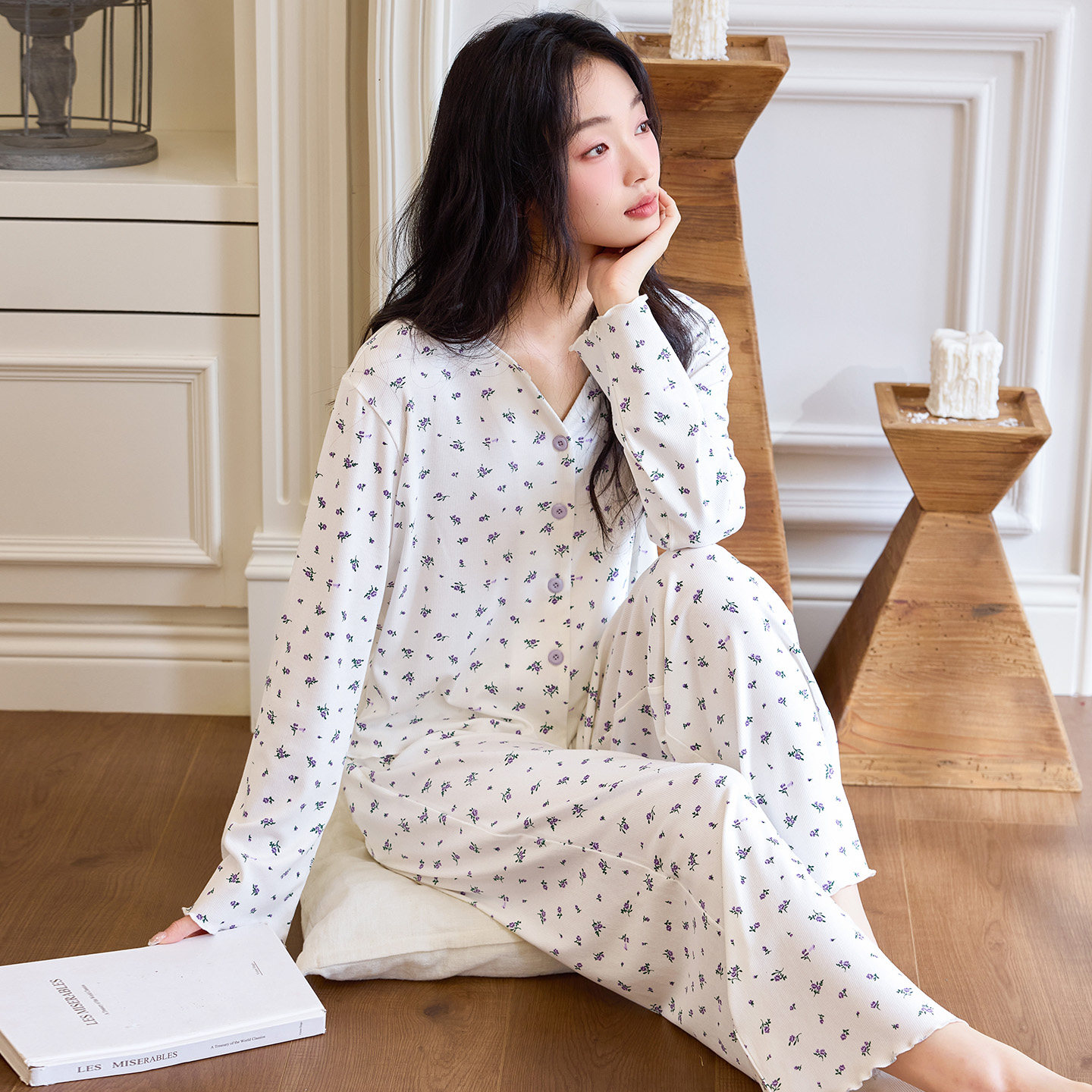 【白底小花】新款常规款长袖女睡衣大弹力舒适家居服套装秋冬休闲