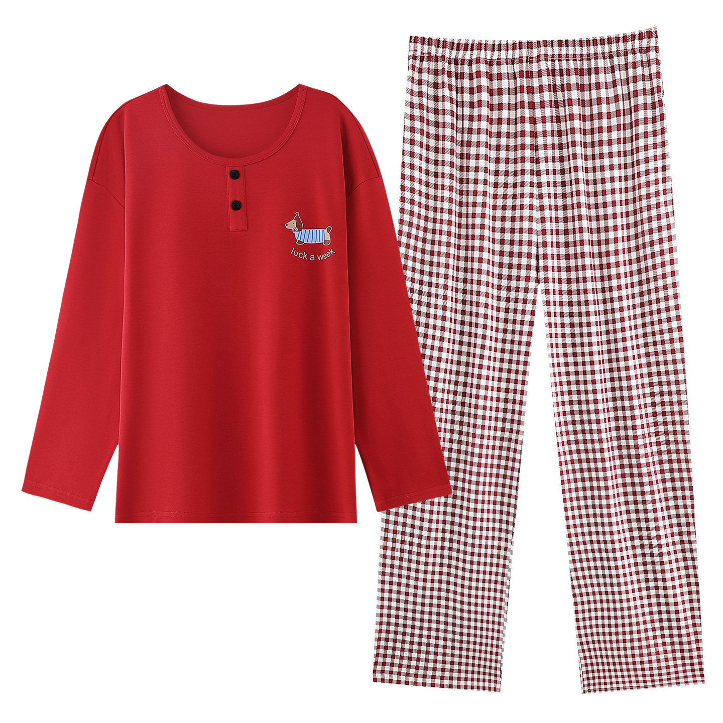 【红色快乐狗】圆领常规款长袖女睡衣家居服套装家居服秋冬休闲