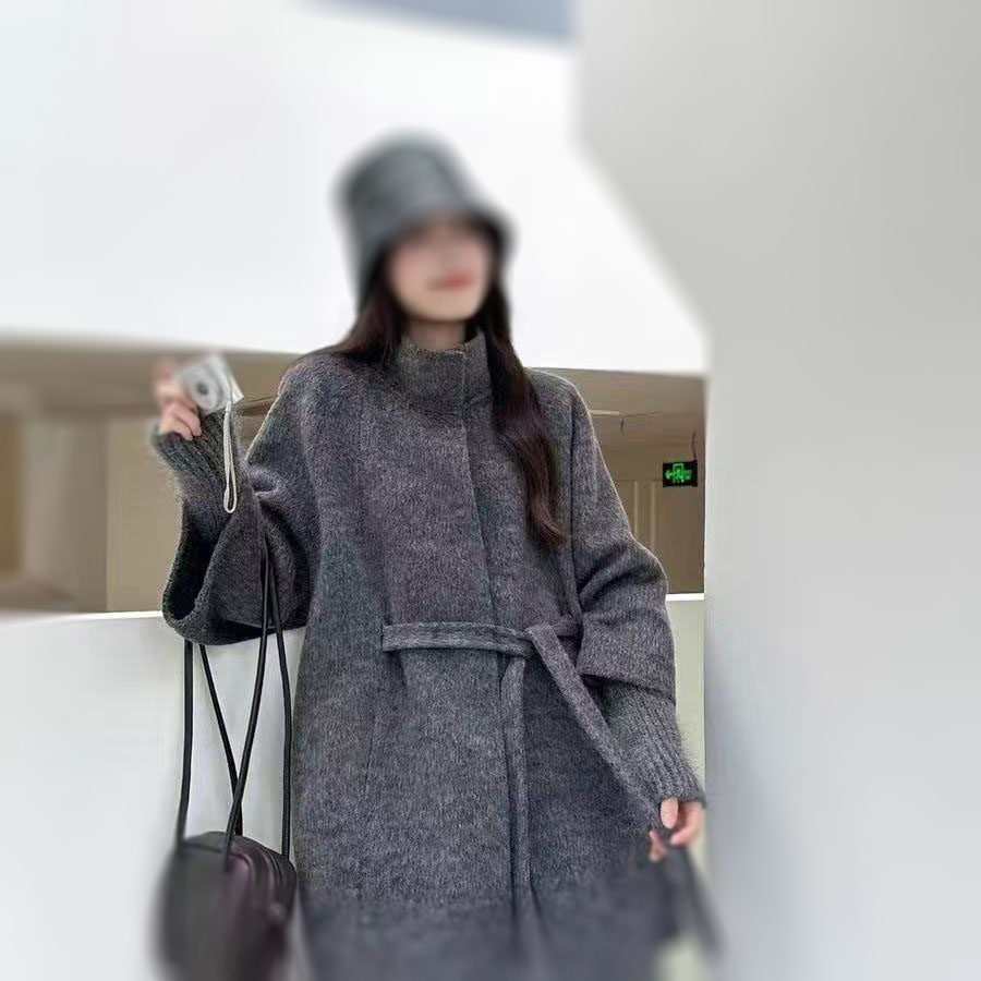 2025秋冬新款双面羊毛韩系立领宽松系腰带女中长款假两件毛呢外套