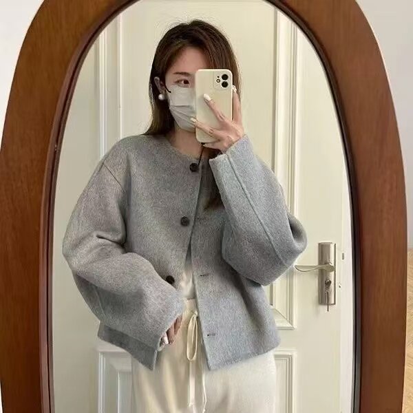 小香风双面羊毛呢短款圆领女大衣