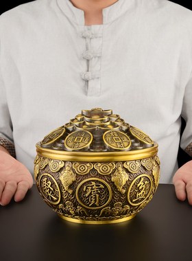 聚宝盆摆件黄铜招聚铜2024年带盖子金蟾聚宝盆财大号铜质存钱罐