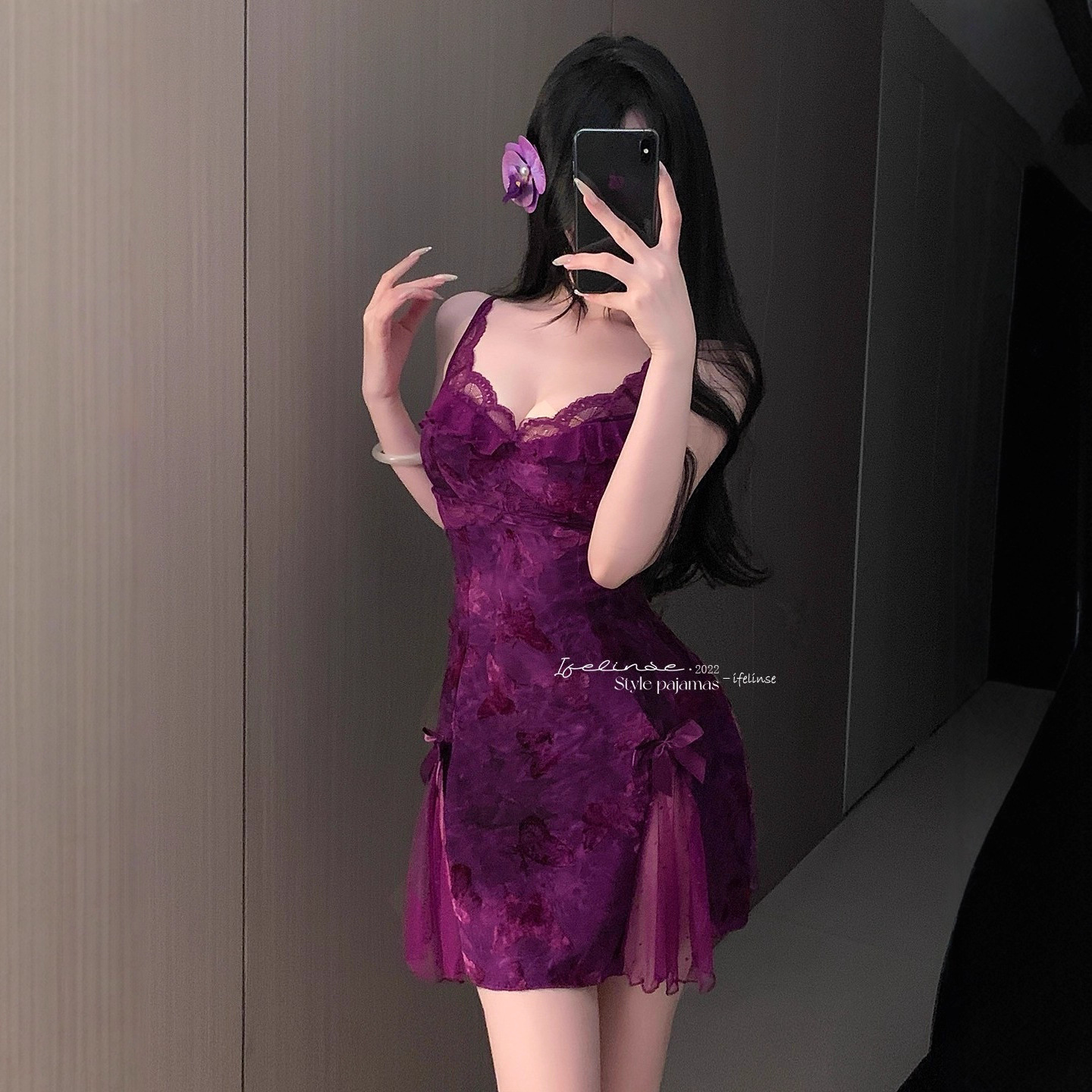 性感纯欲蕾丝蝴蝶植绒带胸垫睡裙