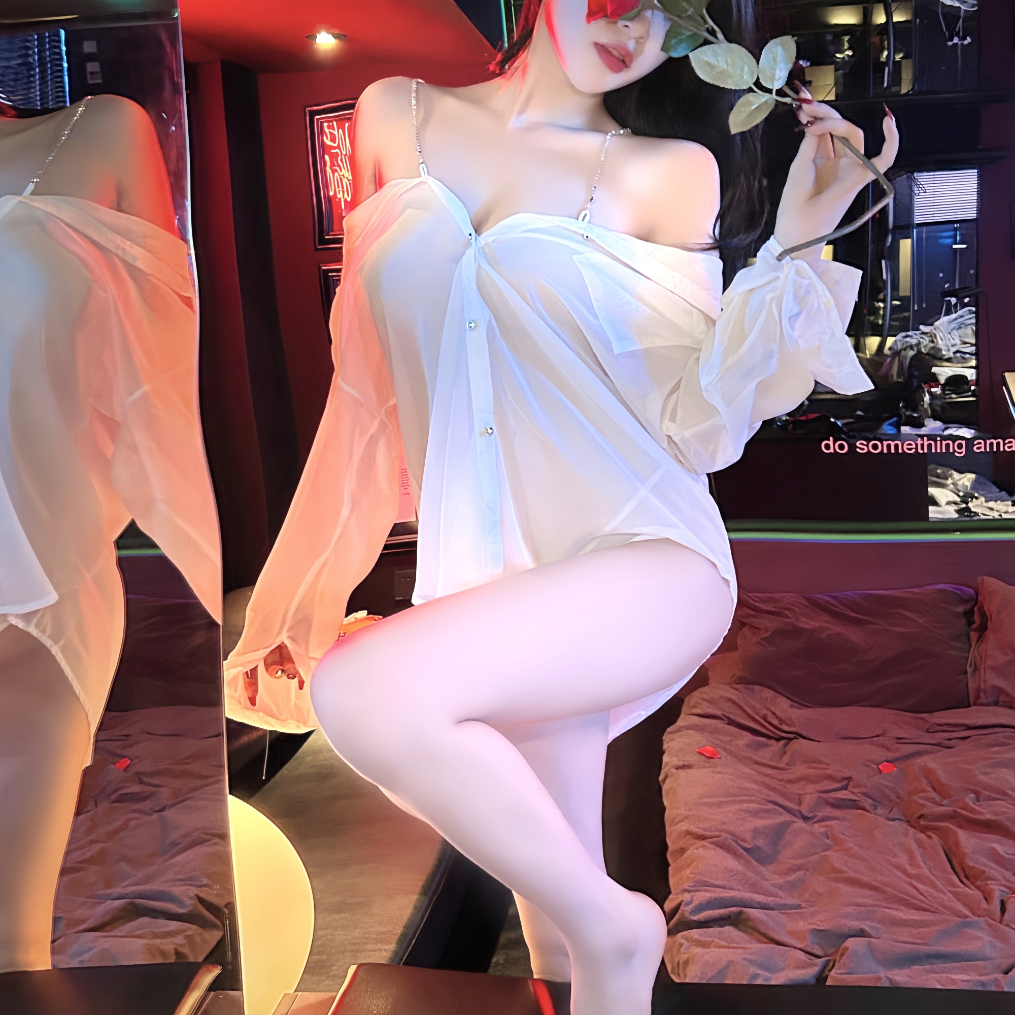 性感透视连衣裙衬衫一字肩露肩