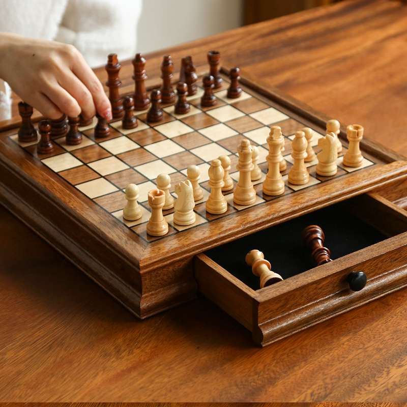 国际象棋木质磁性套装抽r屉款高档胡桃木实木沙比利棋盒chess收藏