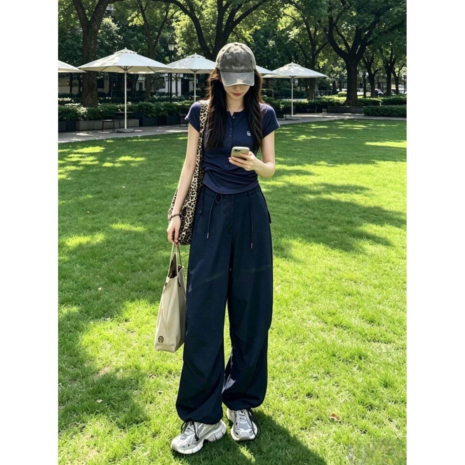 气质套装女夏季新款修身百搭短袖T恤上衣高腰工装阔腿裤子一整套