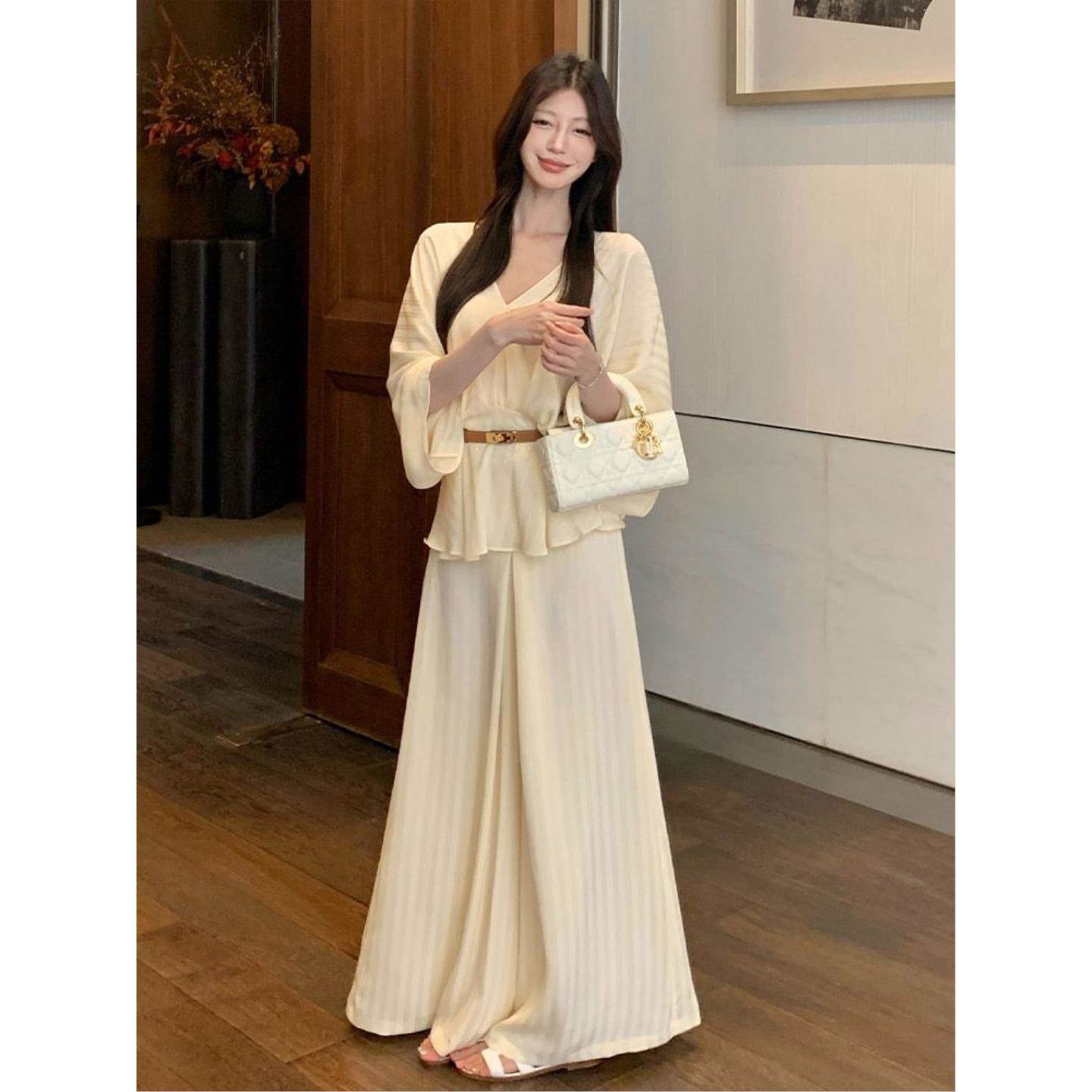 松弛感穿搭套装气质宽松长袖衬衫上衣女初秋休闲阔腿裤杏色两件套