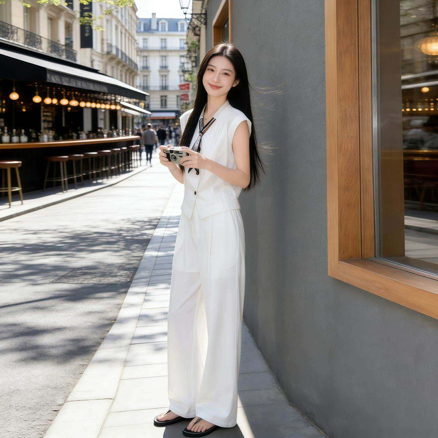 老钱风亚麻套装女2026夏季新款洋气减龄丝巾无袖上衣阔腿裤两件套