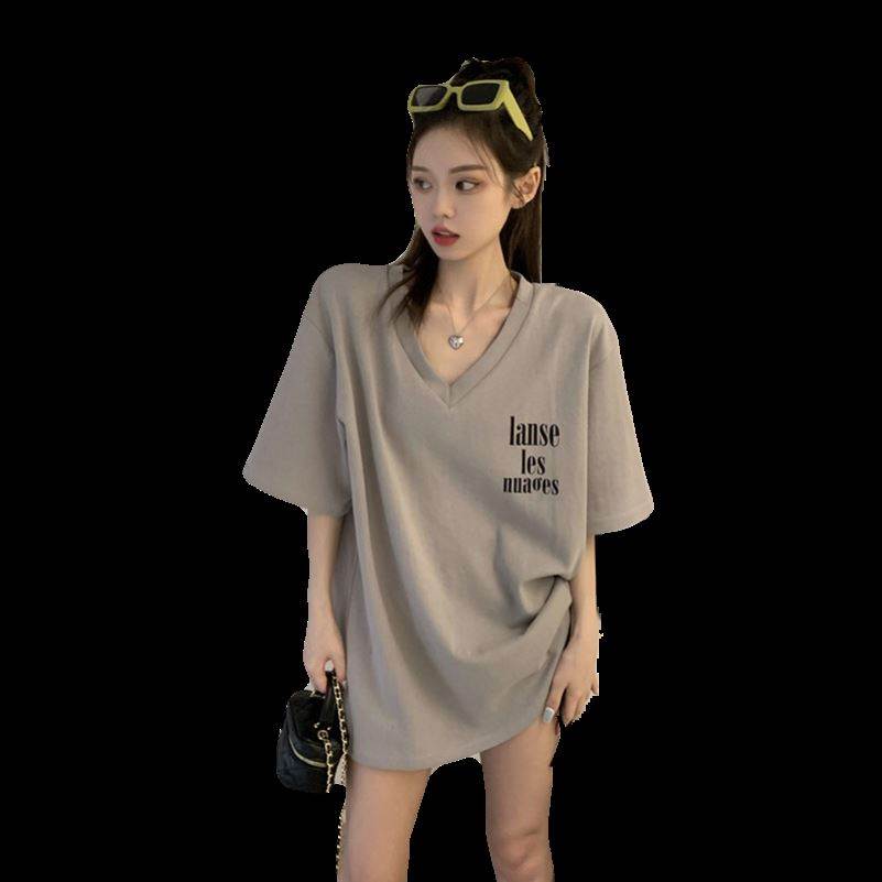 灰色V领短袖t恤女2026新款夏宽松棉大版辣妹纯欲高端大领口上衣