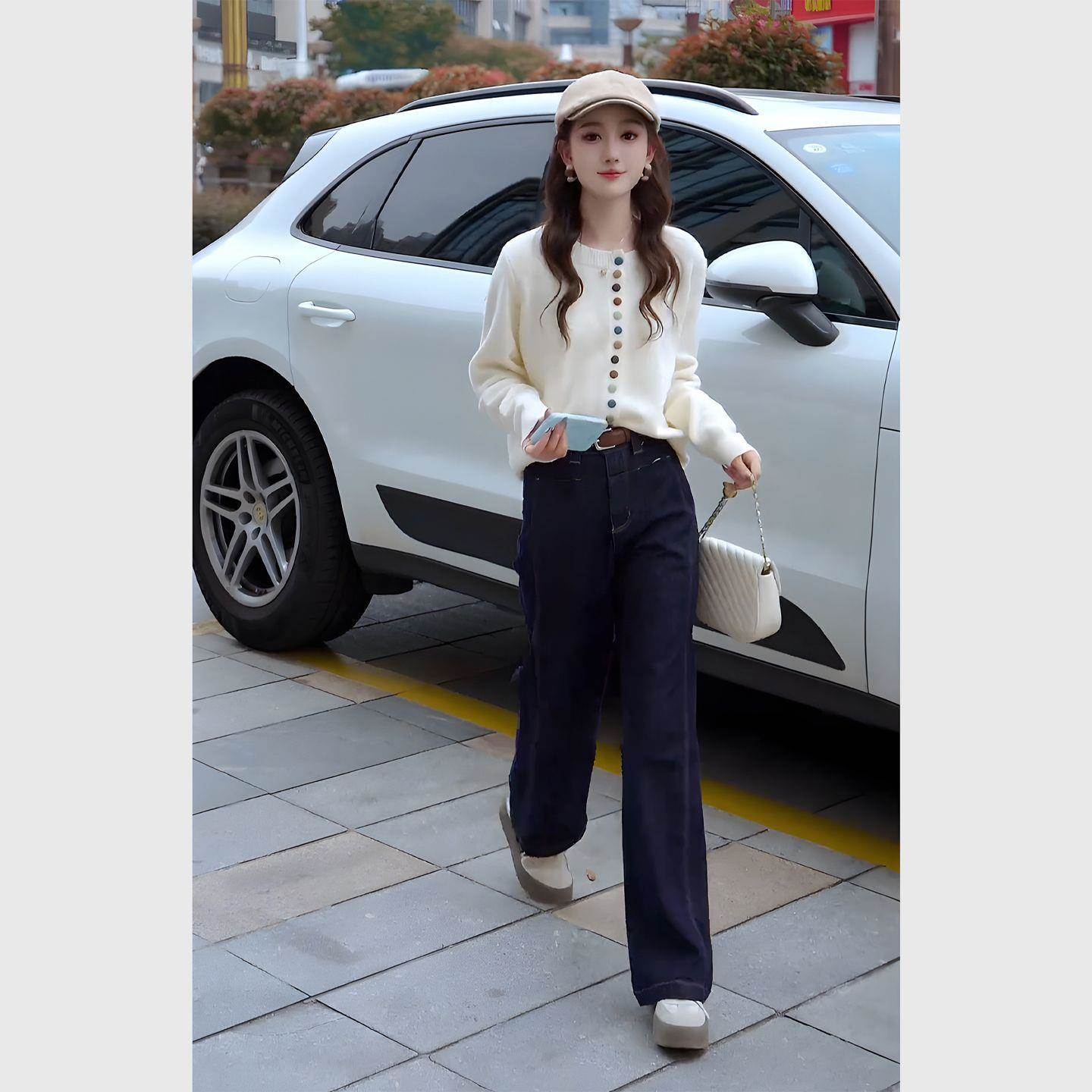 韩系穿搭春季chic别致超好看绝美减龄白色毛衣高腰牛仔裤两件套女