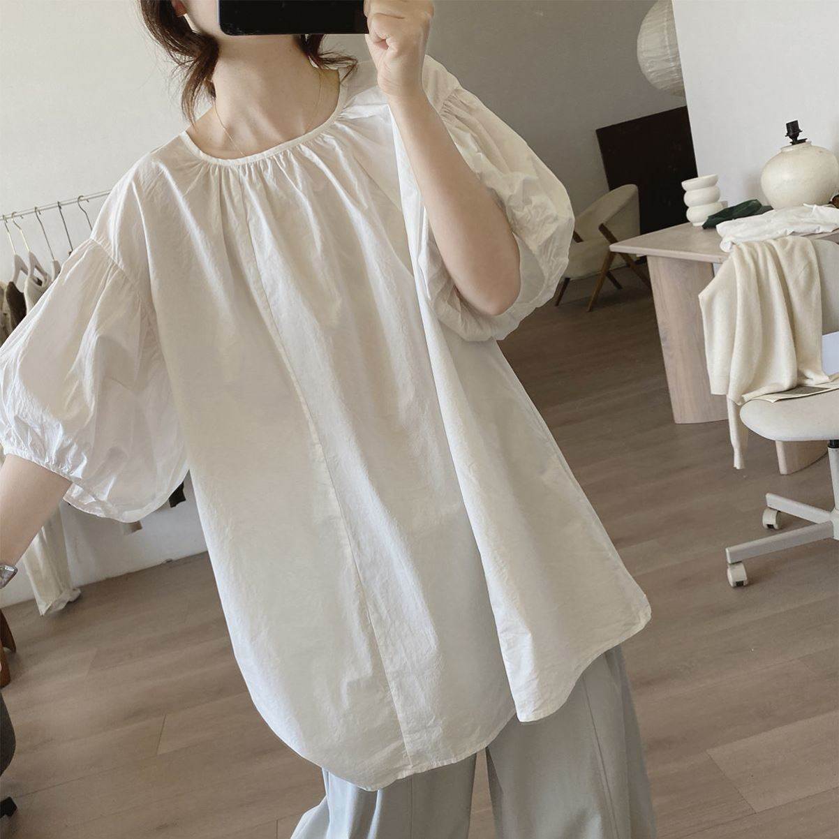 灯笼袖衬衫女夏季新款宽松大码显瘦简约小众设计感棉质中长款上衣