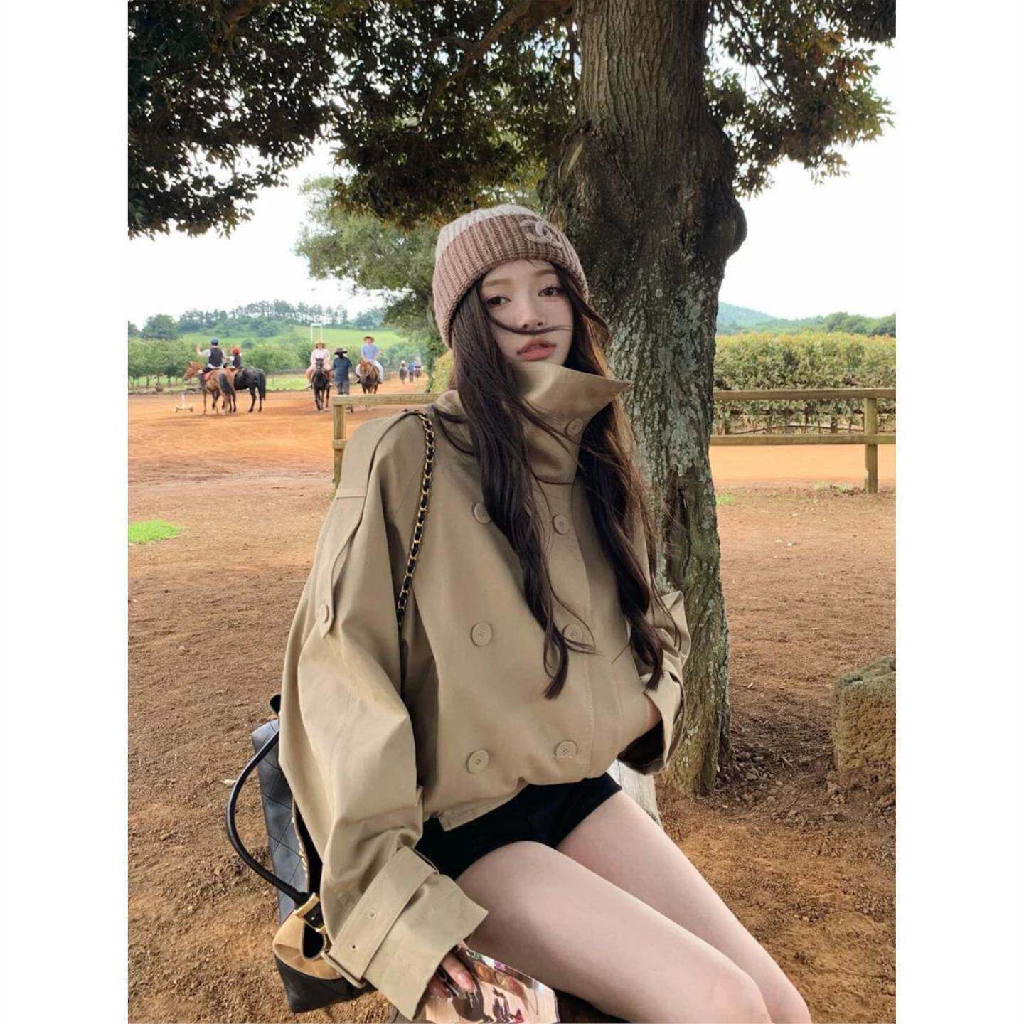 韩国复设计卡其色新款复古双排外套气质立领英伦秋季短款风衣