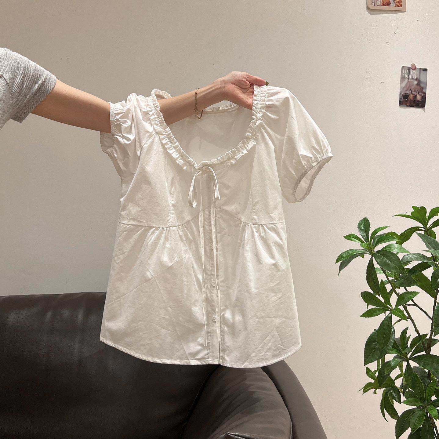 慵懒风白色领木耳边短袖衬衫女夏季系带设计感拼接宽松显瘦上衣