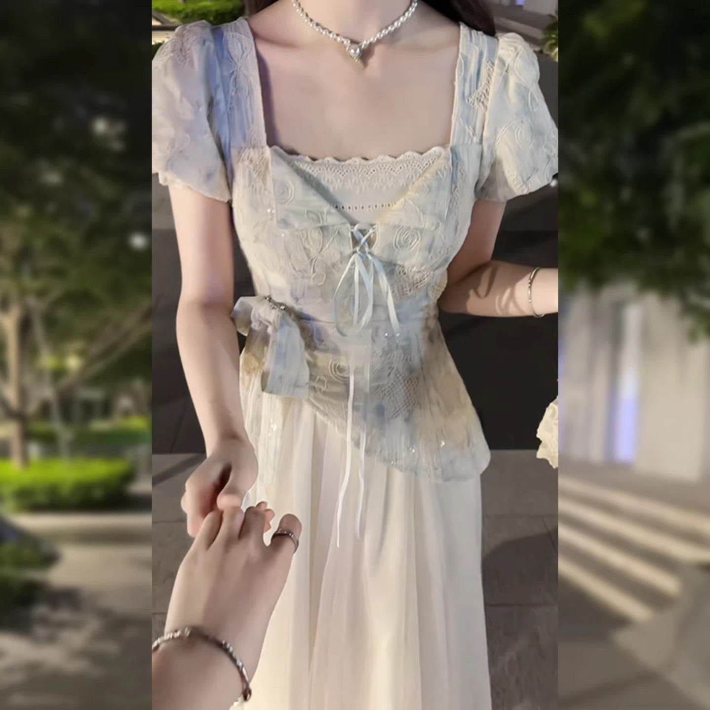 夏季新款法式少女假两件方领设计感拼接网纱甜美蝴蝶结连衣裙子女