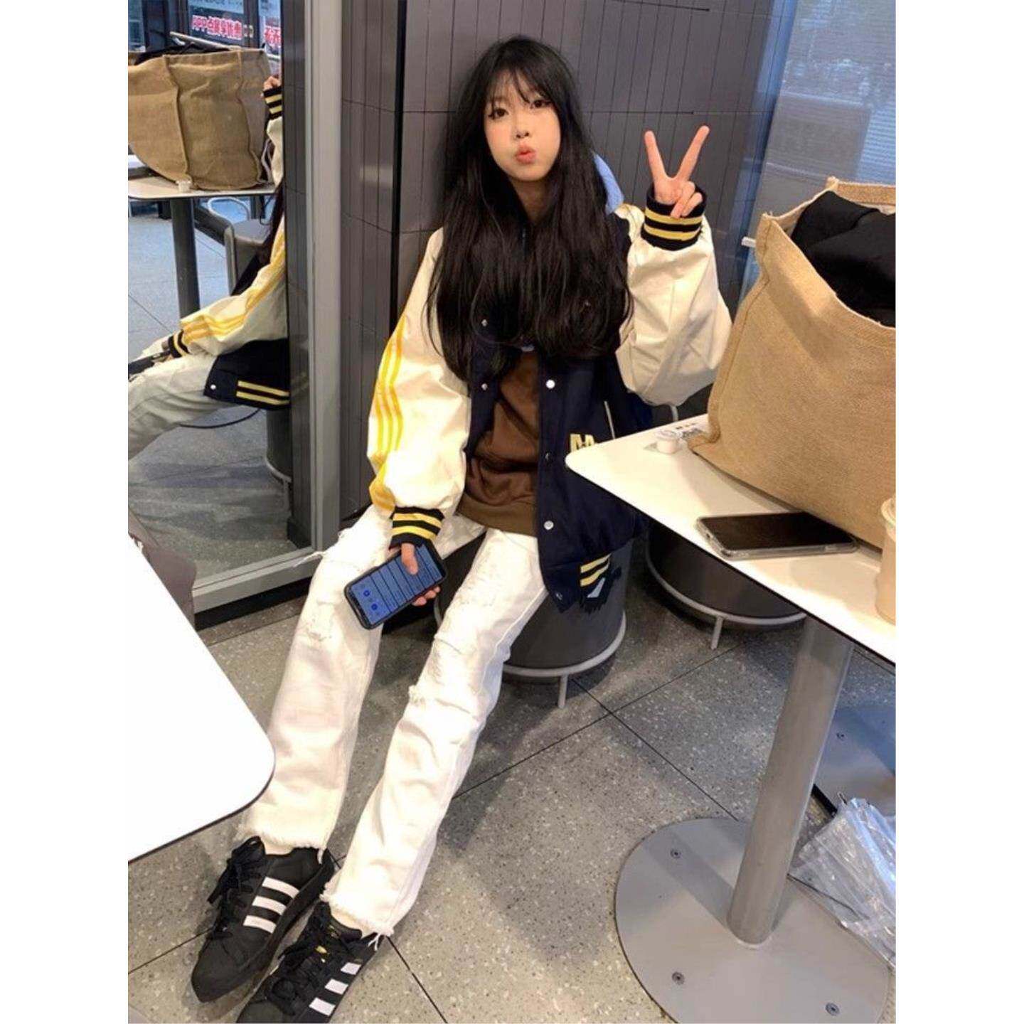 复古美式ins撞色拼接条纹棒球服夹克女春季新款宽松休闲外套上衣